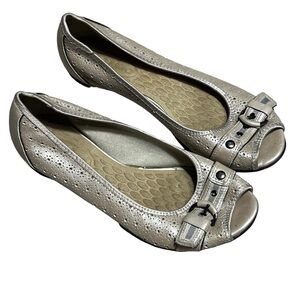 Women's Metallic Taupe Peep-Toe Comfort Flats with Buckle Accent